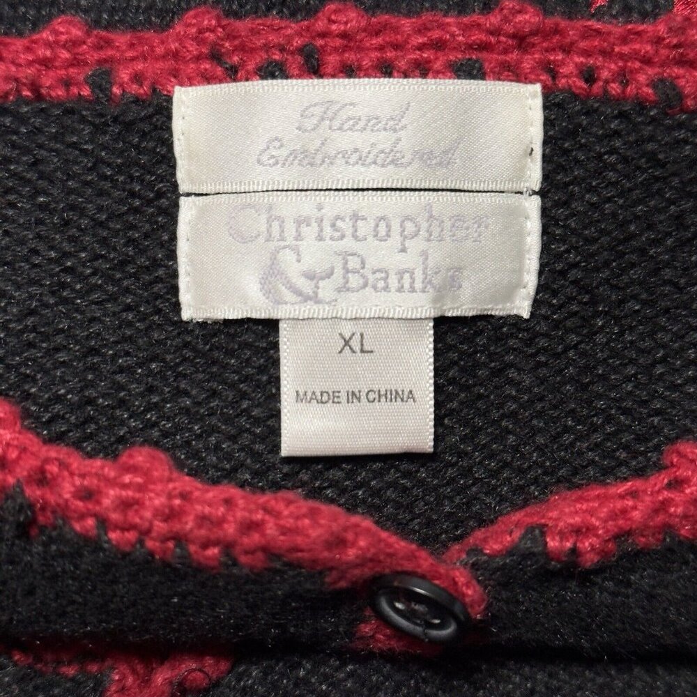 Vintage Christopher Banks Hand Embroidered Black Red Sweater Beaded Cardigan XL - Picture 5 of 13